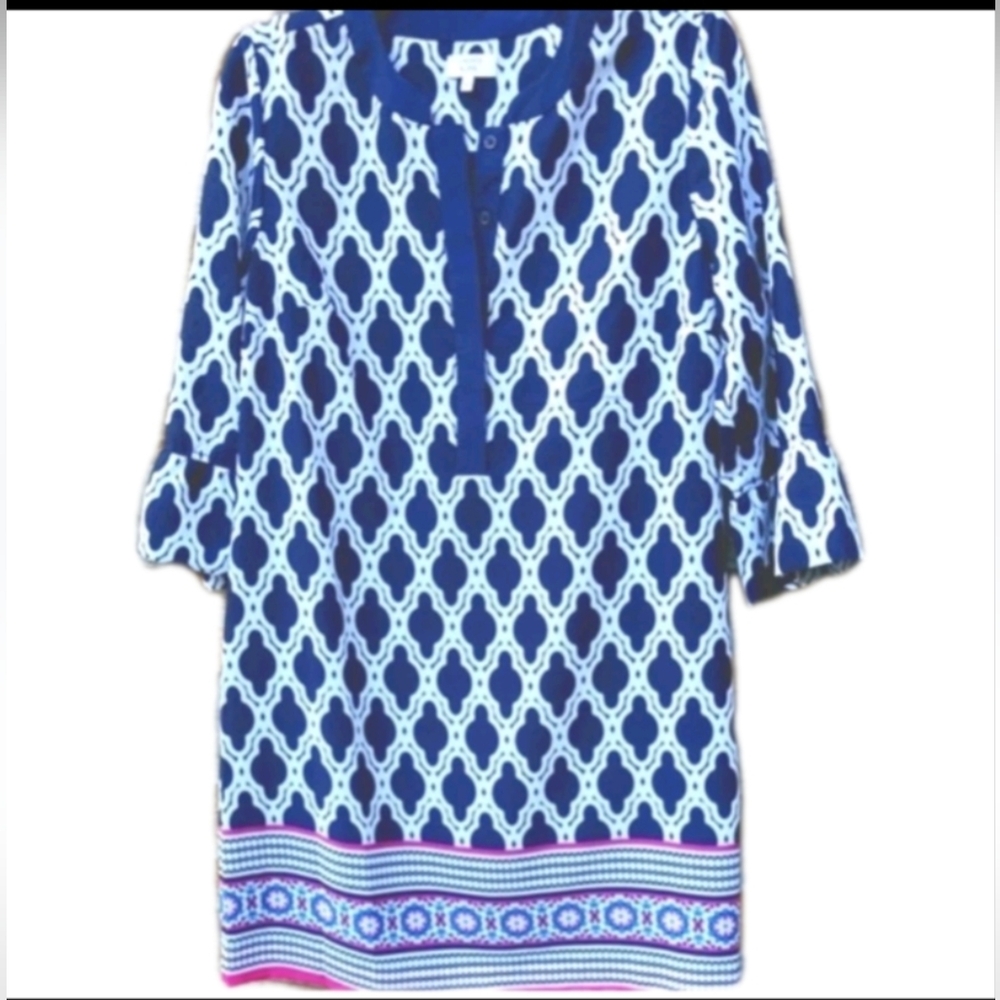 NWT Dress 💙🤍🩷Crown & Ivy Dress Blue/White/Pink 3/4 Sleeves Shirt Style Sz 8